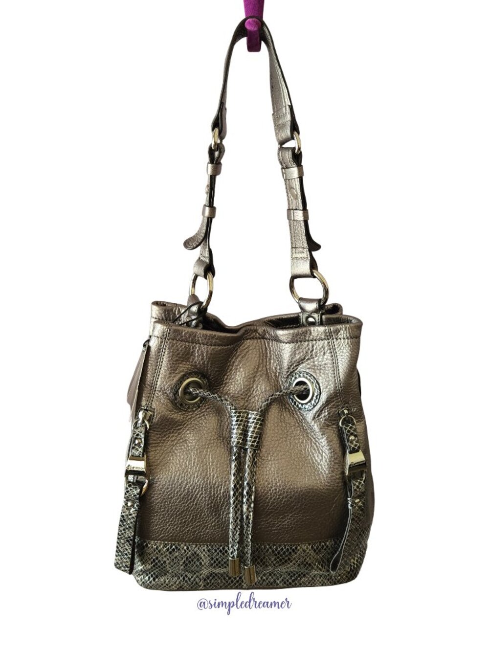B. Makowsky Melanie Drawstring Bucket Bag NWT Pewter Metallic Leather Snake Trim